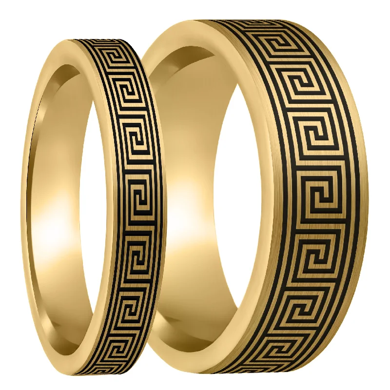 Best Lofty Rings-Greek Key Brushed Gold Tungsten Couple's Matching Wedding Band Set