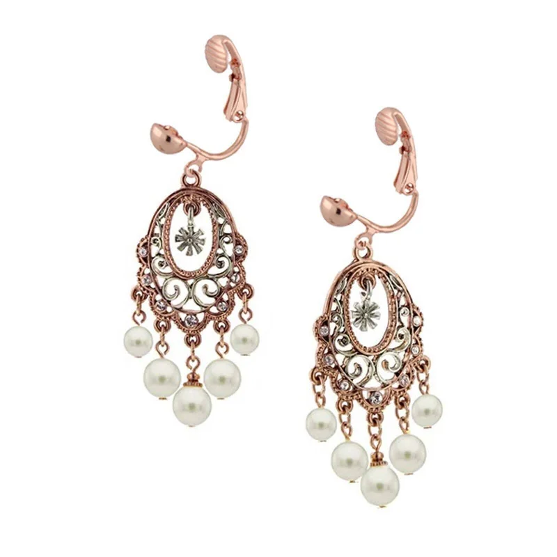 Earrings For Thick Sets-1928 Jewelry Two Tone Faux Pearl Crystal Accent Chandelier Clip On Earrings