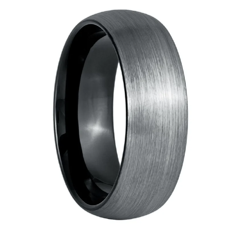 Rings For Whimsical Grace-Brushed Domed Tungsten Men's Wedding Band with Contrasting Black Interior