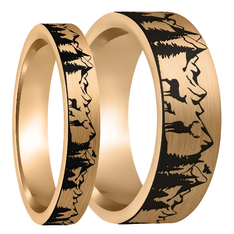 Rings For Dune Gleam-Deer Mountain Range Brushed Rose Gold Tungsten Couple's Matching Wedding Band Set