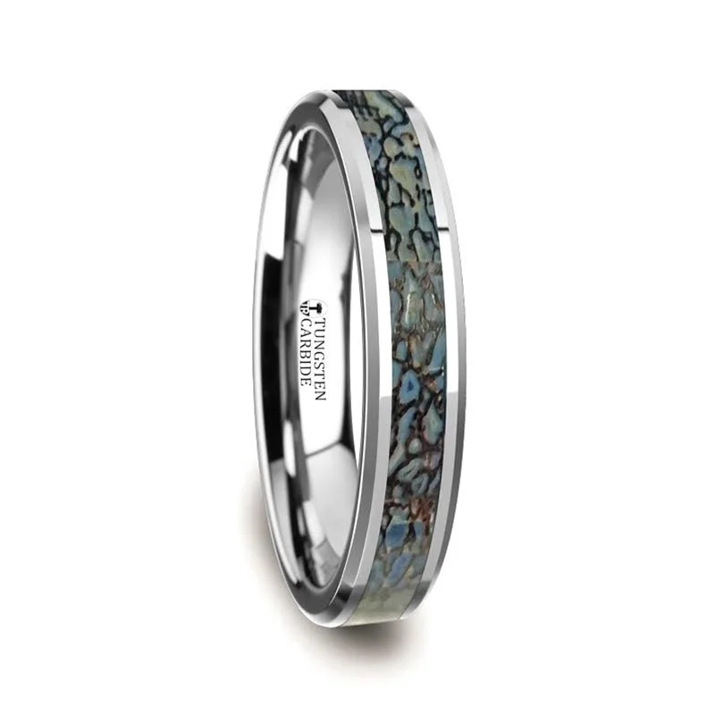 Rings For Coastal Evenings-Blue Dinosaur Bone Inlaid Tungsten Women's Wedding Band