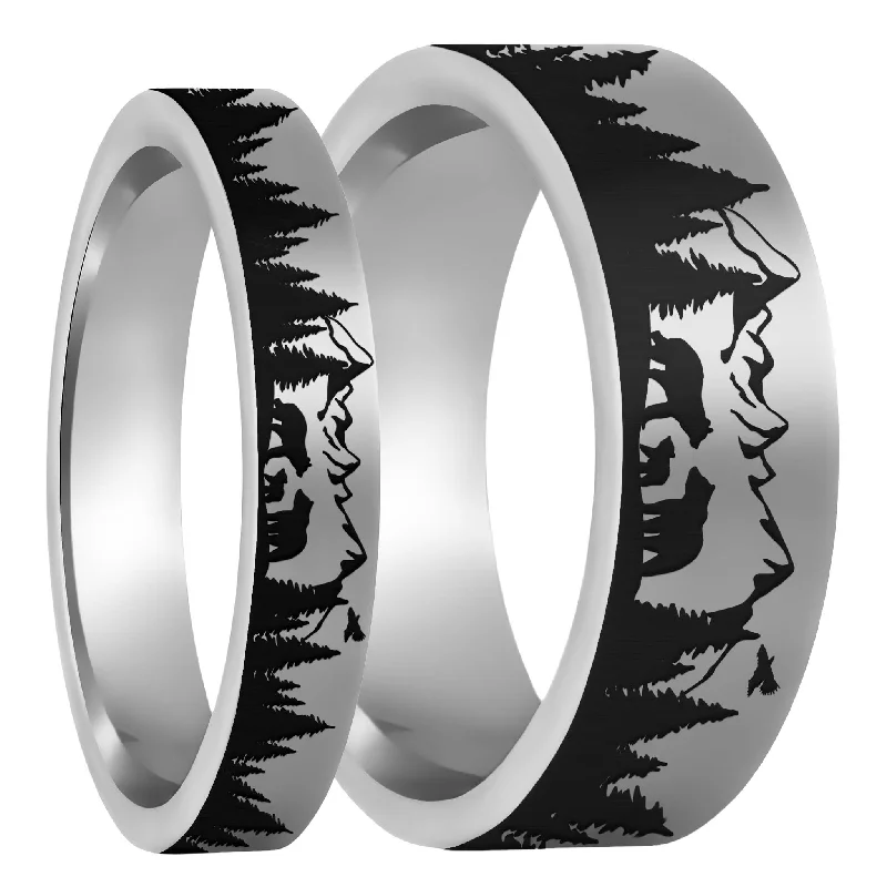 Rings For Parched Days-Bear & Cubs Landscape Scene Tungsten Couple's Matching Wedding Band Set