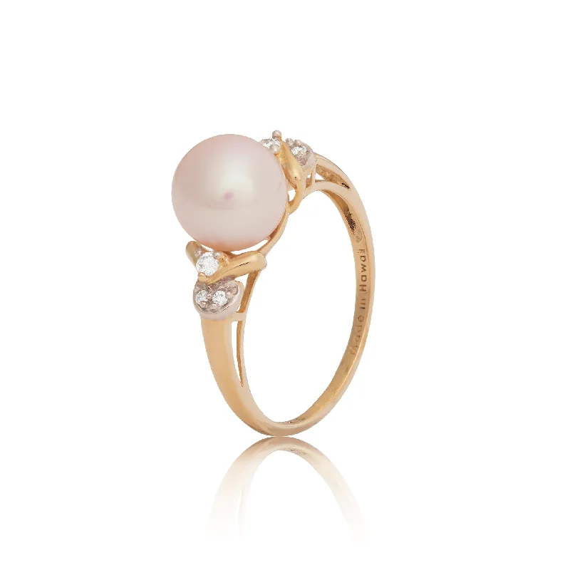 Best Graceful Rings-Freshwater White Pearl Ring in Gold with Diamonds - 8-9mm