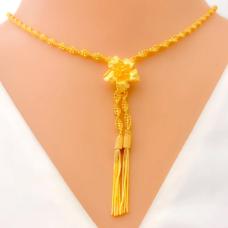 Necklaces For Slim Lines-Bespoke Golden Floral 22k Gold Necklace Set