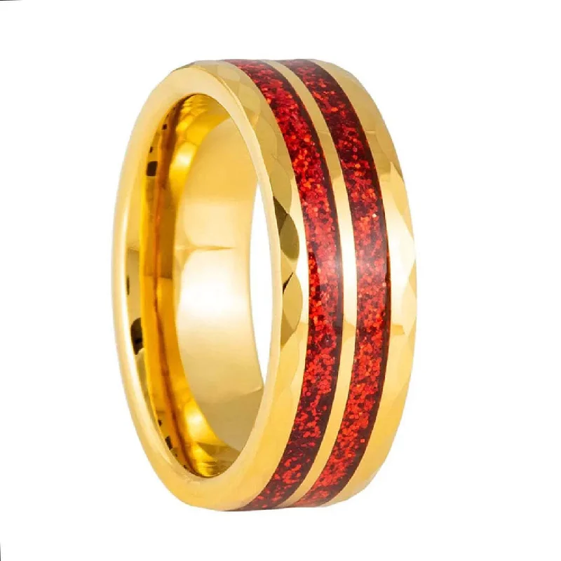 Resilient Rings For Endless Days-Red Confetti Inlaid Gold Tungsten Men's Wedding Band