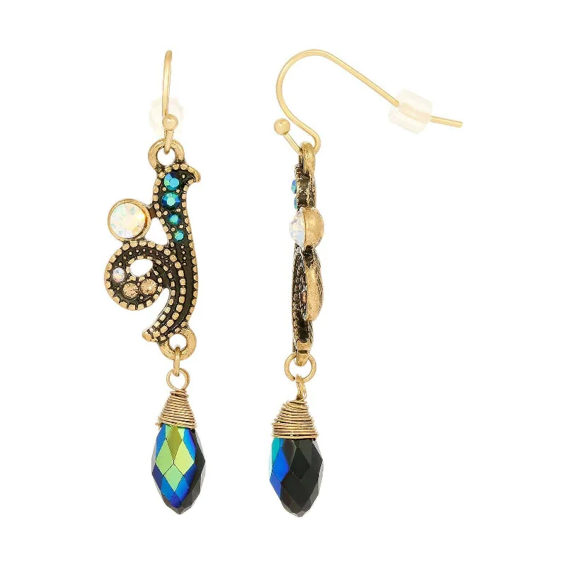 Earrings Grip Tips-1928 Jewelry Peacock Plumage Blue Iridescent AB Glass Drop Bead Fish Hook Earrings