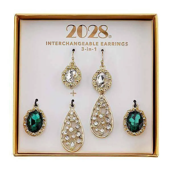 Earrings For Faint Spark-1928 Jewelry Green And Crystal Interchangeable Earrings Boxed Set