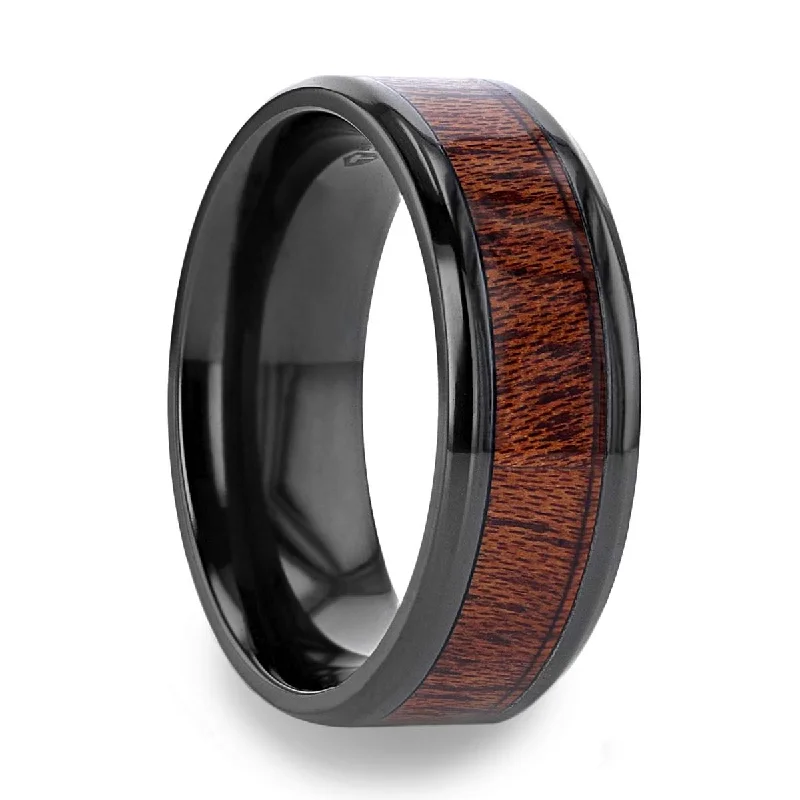 Rings Bargain Treasures-Black Titanium Wedding Band with Mahogany Wood Inlay