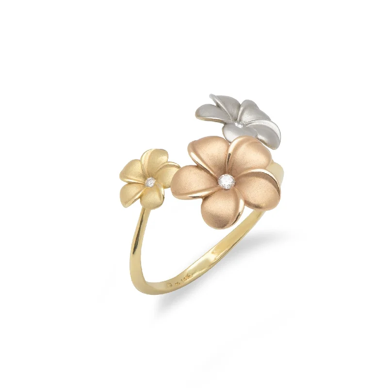 Organic Rings For Nature-Plumeria Ring in Tri Color Gold with Diamonds - 12mm