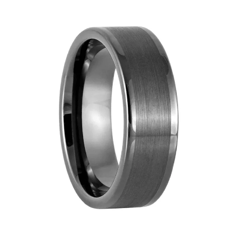 Rings Ensemble Inspirations-Brushed Gunmetal Gray Tungsten Men's Wedding Band with Polished Edges