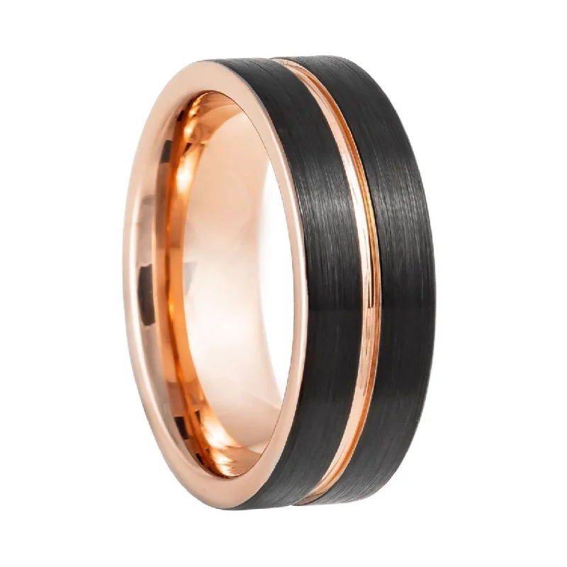 Rings Profile Choices-Black Tungsten Men's Wedding Band with Rose Gold Groove and Contrasting Interior