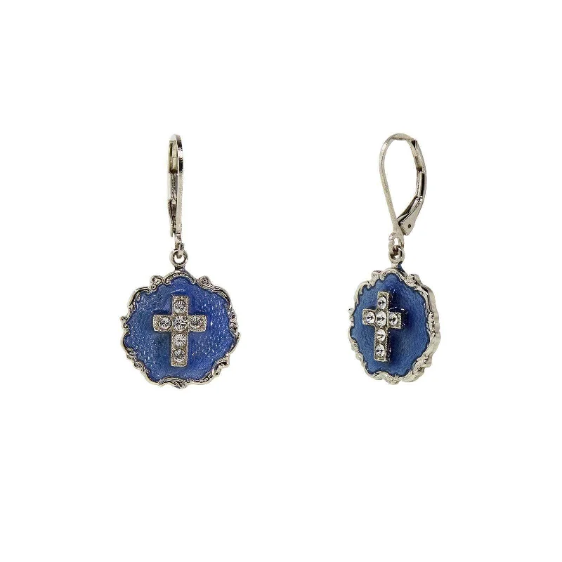 Earrings For Broad Cheeks-Symbols of Faith Blue Enamel Crystal Cross Round Earrings