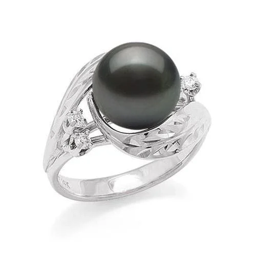 Fresh Rings For Poise-Maile Tahitian Black Pearl Ring in White Gold with Diamonds - 9-10mm