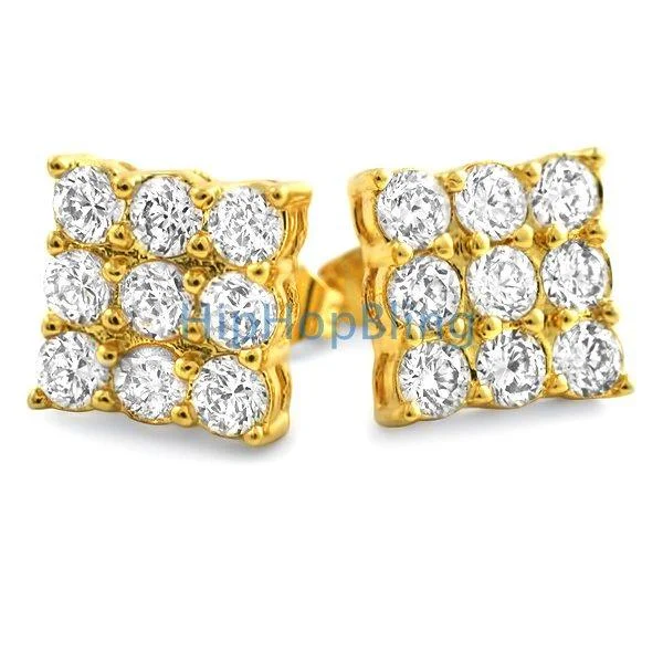 Earrings Scale Tips-Triple Diamond CZ Gold Bling Bling Earrings