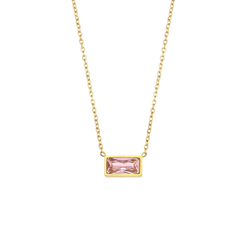 Small Square Diamond Pendant Necklace-Pink