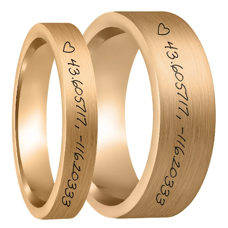 Rings Artisan Highlights-Custom Handwritten Coordinates Brushed Rose Gold Tungsten Couple's Matching Ring Set