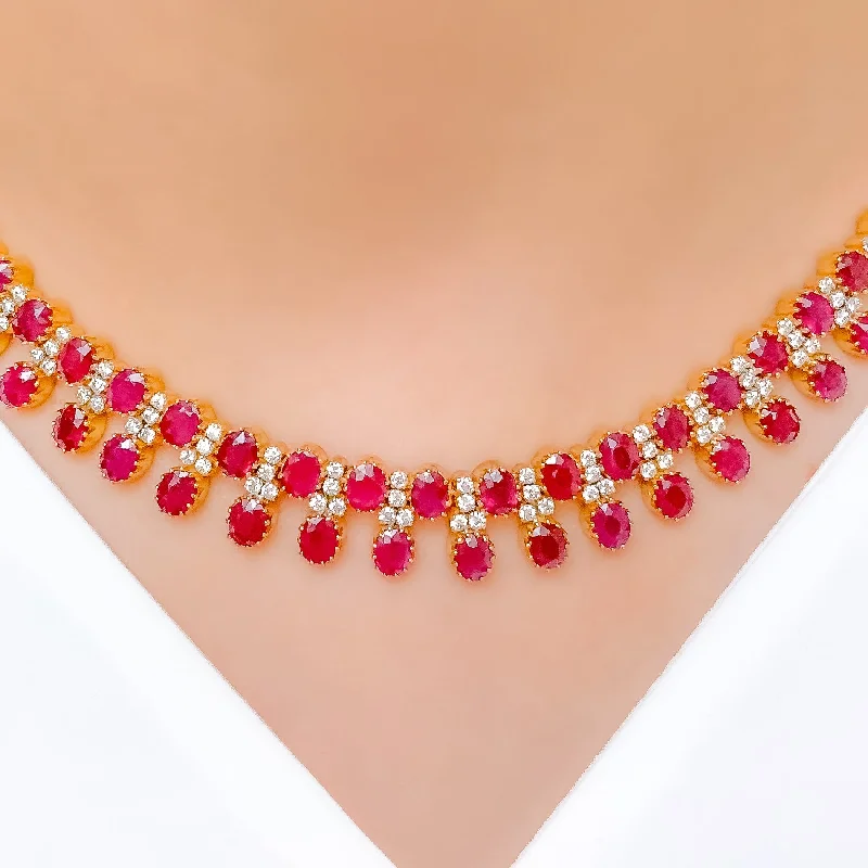 Necklaces For Wavy Hair-Ruby and Diamond + 18k Gold Necklace Set