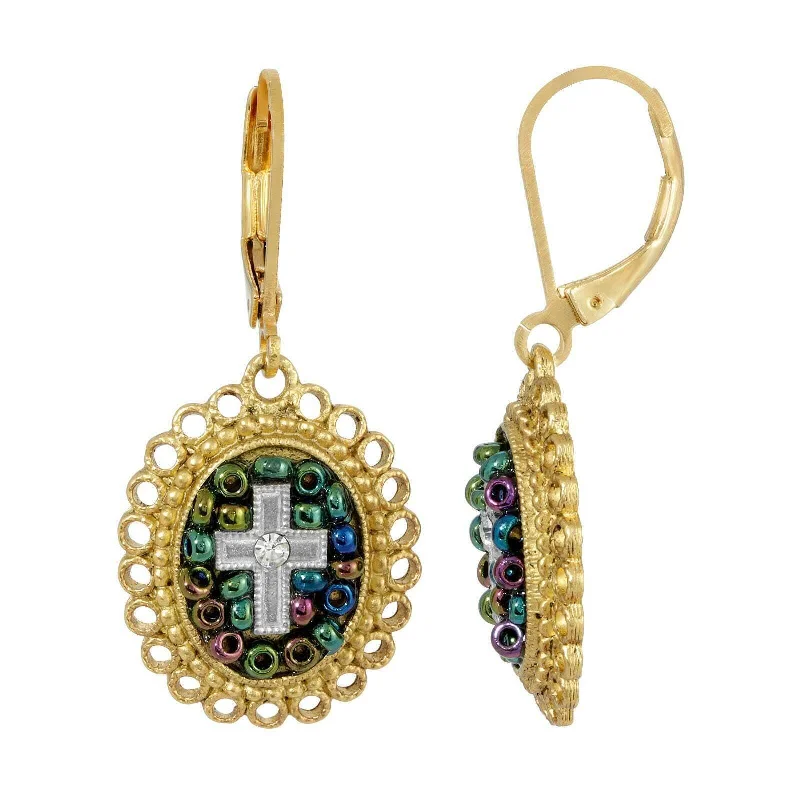 Earrings For Rock Vibes-Symbols Of Faith Multi Color Seeded Beads & Crystal Cross Drop Earrings