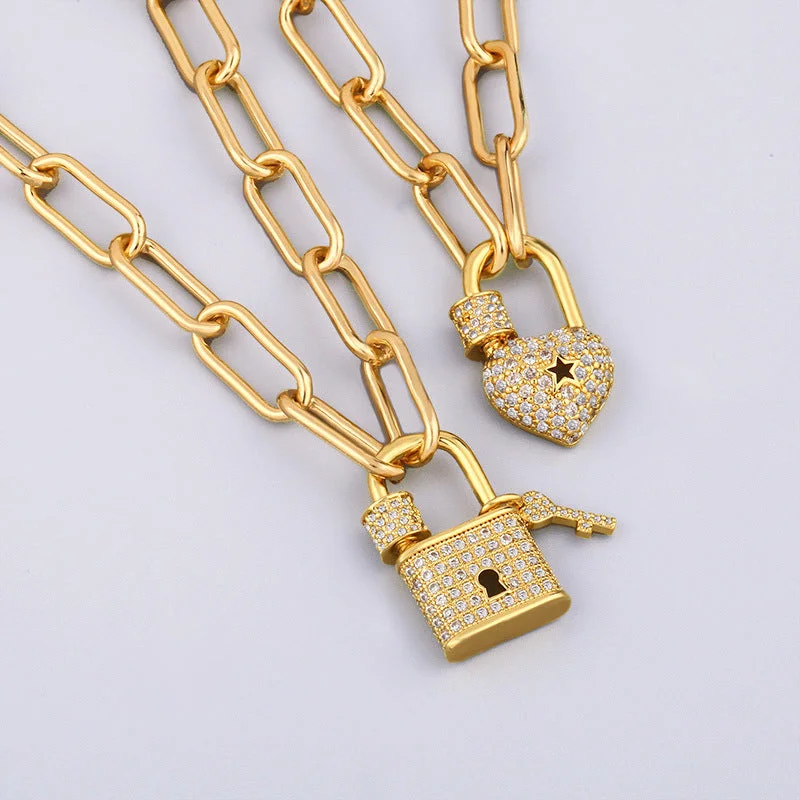 Necklaces Coat Types-New  Micro-inlaid Zircon Lock-shaped Titanium Steel Pendant Necklace For Women