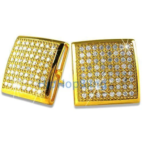 Earrings For Hike Days-XXL CZ Puffed Box Gold Vermeil Bling Bling Micro Pave Earrings .925 Silver