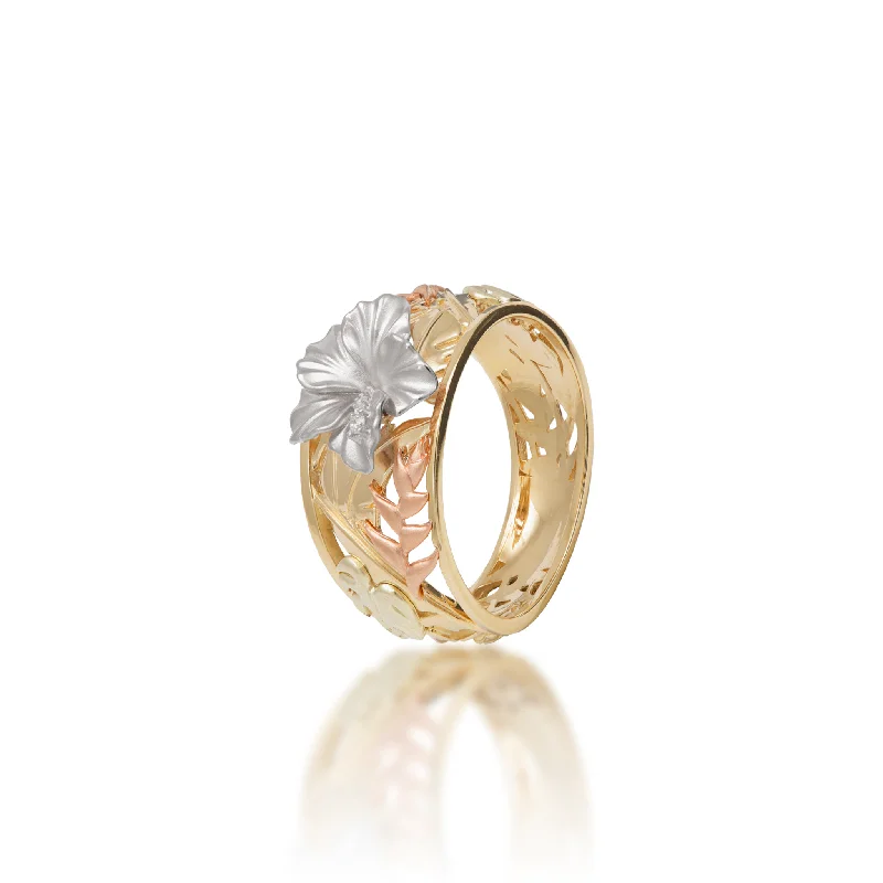 Rings Brilliance Hacks-Hawaiian Gardens Hibiscus Ring in Four Tone Gold with Diamonds - 12mm