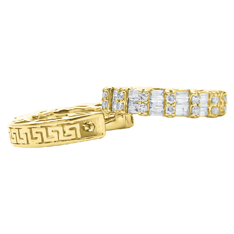 Earrings Keep Hints-Greek Link Hoop Baguette Diamond Earrings .52cttw 10K Yellow Gold