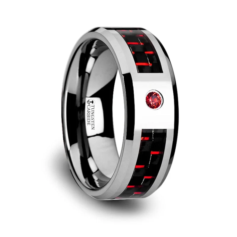 Rings For Tender Wear-Men's Tungsten Wedding Band with Black & Red Carbon Fiber and Ruby