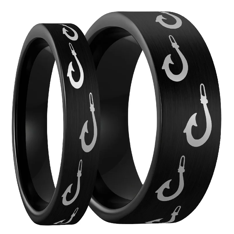 Rings For Dynamic Flair-Polynesian Fishing Hook Brushed Black Tungsten Couple's Matching Wedding Band Set