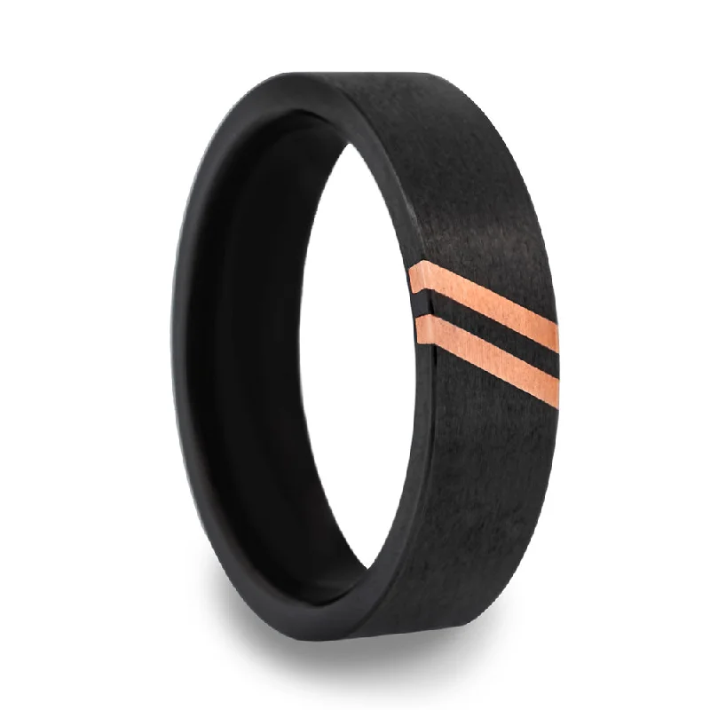 Gentle Rings For Touch-Zirconium Wedding Band with Dual 14k Rose Gold Diagonal Grooves