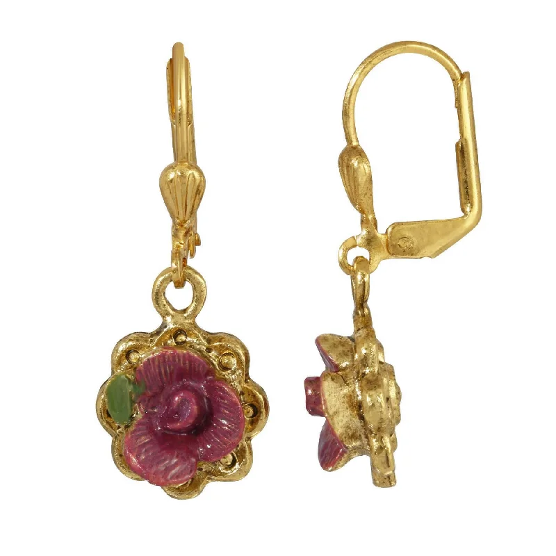 Earrings Shift Guide-1928 Jewelry Antiqued Pink Rose Hand Enameled Flower Drop Earrings