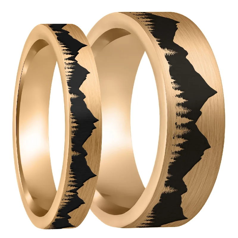 Rings Patina Styles-Treeline Mountains Brushed Rose Gold Tungsten Couple's Matching Wedding Band Set