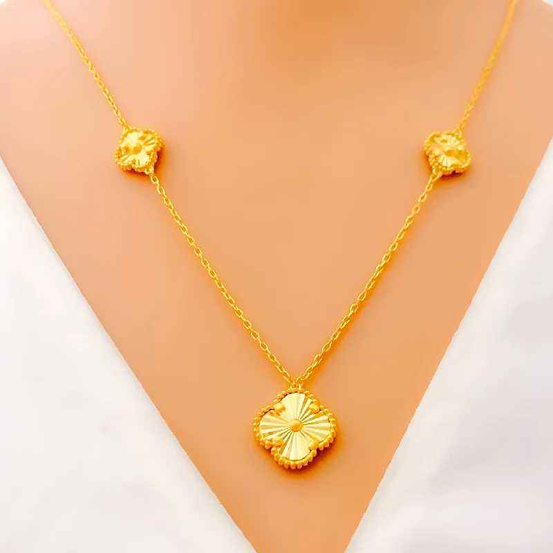 Necklaces With Wide Links-Blooming Bright 21k Gold Clover Necklace Set