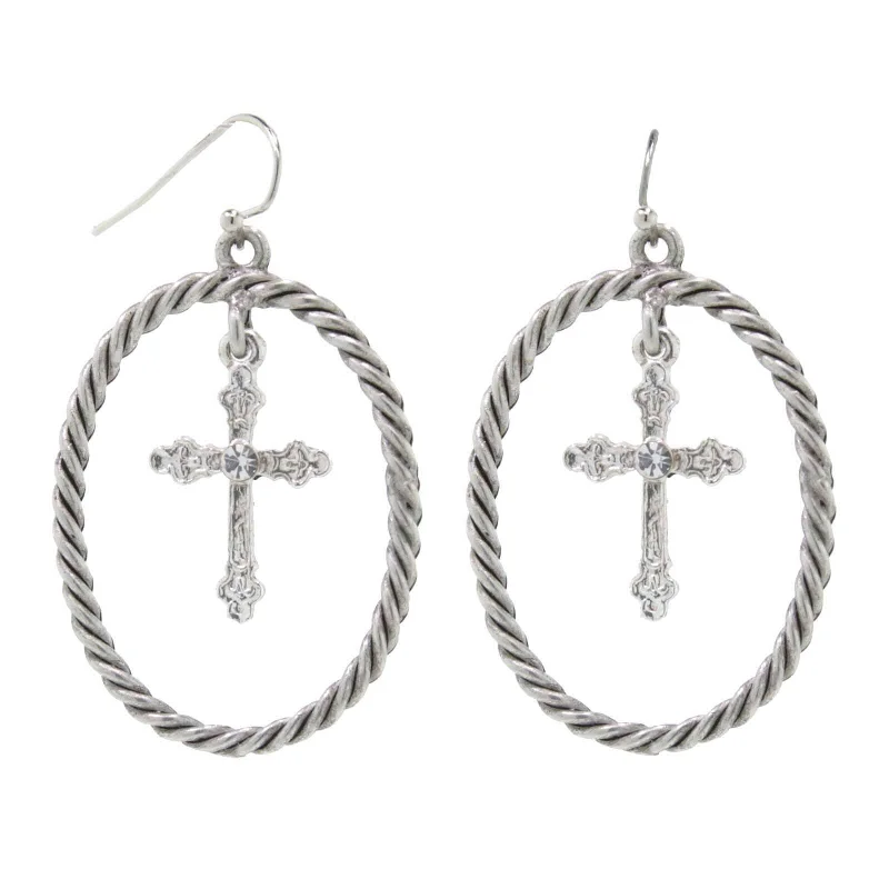 Earrings With Antique Gold-2028 Jewelry Crystal Accent Suspended Cross Drop Hoop Earrings