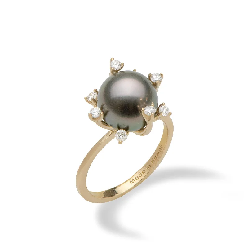 Rings Flash Discounts-Protea Tahitian Black Pearl Ring in Gold with Diamonds - 10-11mm