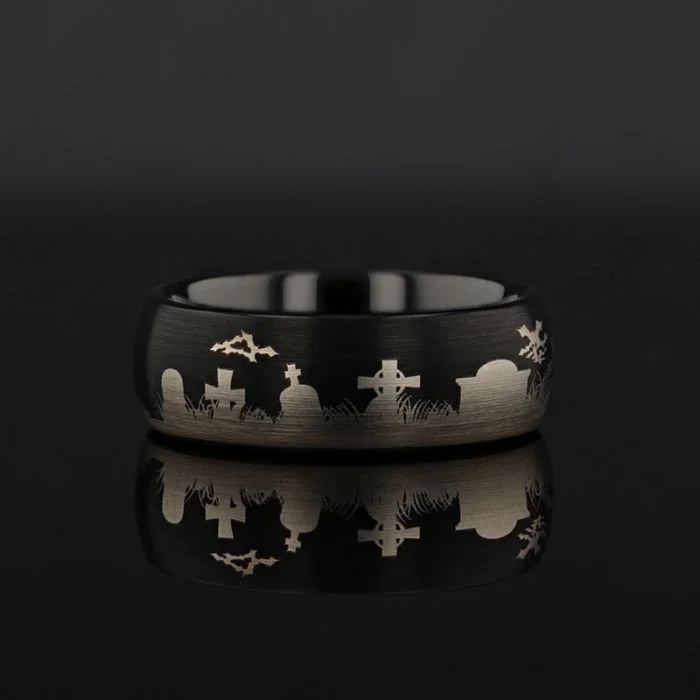 Rings For Fusion Finishes-Halloween Graveyard Engraved Black Tungsten Wedding Band