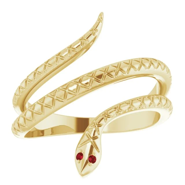 Rings For High Arches-14k Yellow Gold Snake Shaped Women's Ring with Garnet Eyes