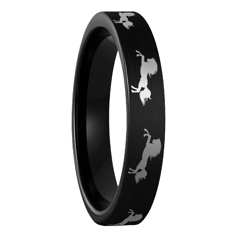 Cool Rings For Calm-Rearing Horse Brushed Black Tungsten Women's Wedding Band