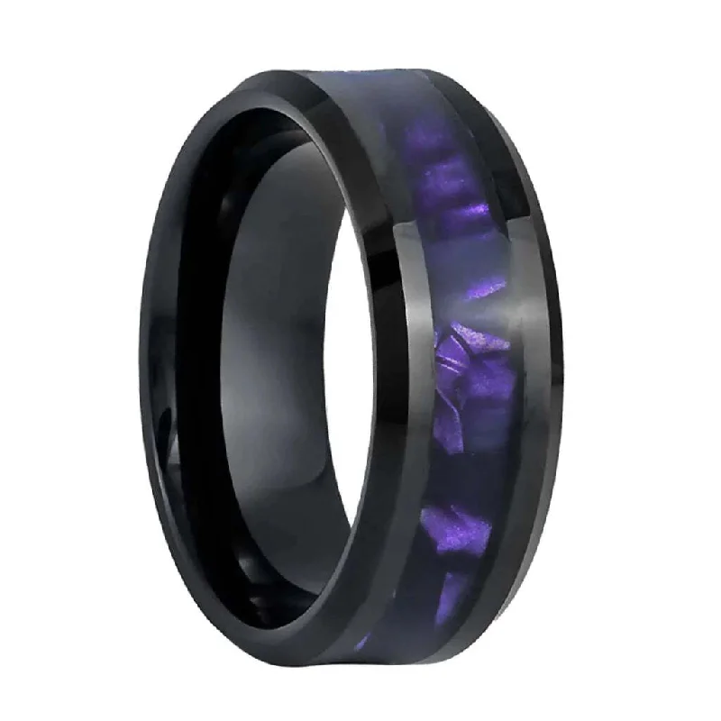 Best Grounded Rings-Black Tungsten Men's Wedding Band with Purple Inlay