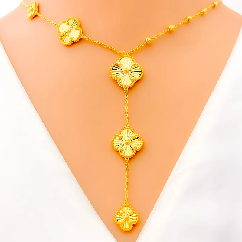 Necklaces For Mild Flair-Unique Asymmetrical 21k Gold Stylish Clover Necklace Set