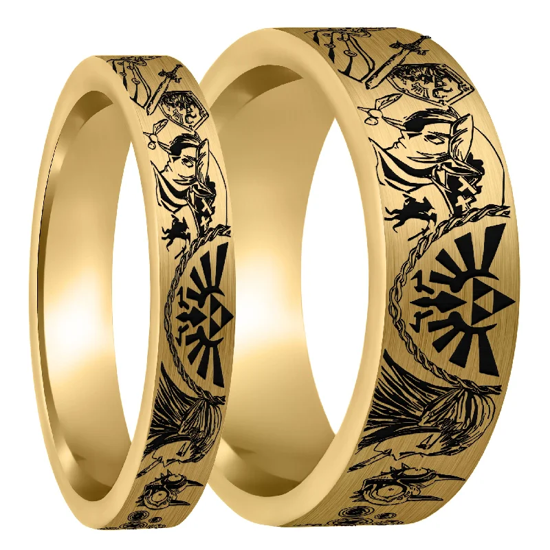 Rings For Braided Bands-Legend of Zelda Brushed Gold Tungsten Couple's Matching Wedding Band Set