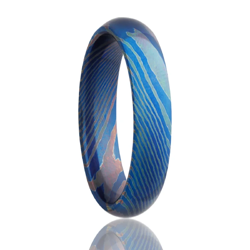 Rings For Twilight Hours-Blue Mokume Gane Style Titanium Women's Wedding Band