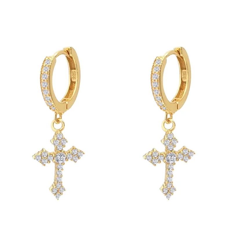 Best Take Earrings-Antique Cross Dangling Huggie Hoop Iced Out Earrings .925 Silver