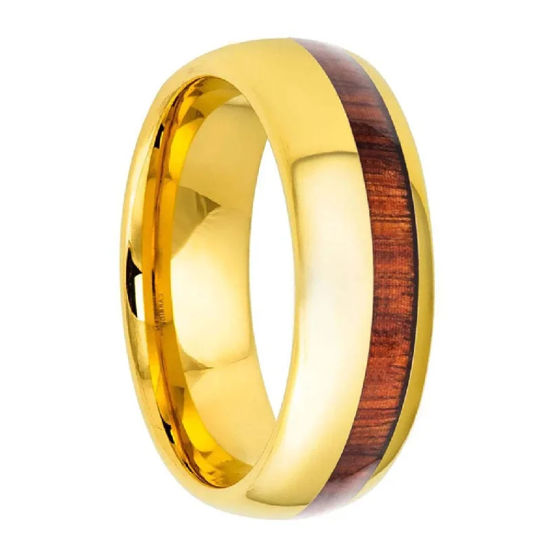 Rings With Sculpted Bands-Half Koa Wood Inlaid Gold Tungsten Men's Wedding Band