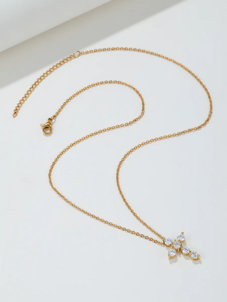 Long Fit Necklaces-Fairy Style Simple Style Cross Copper 18k Gold Plated Zircon Pendant Necklace In Bulk