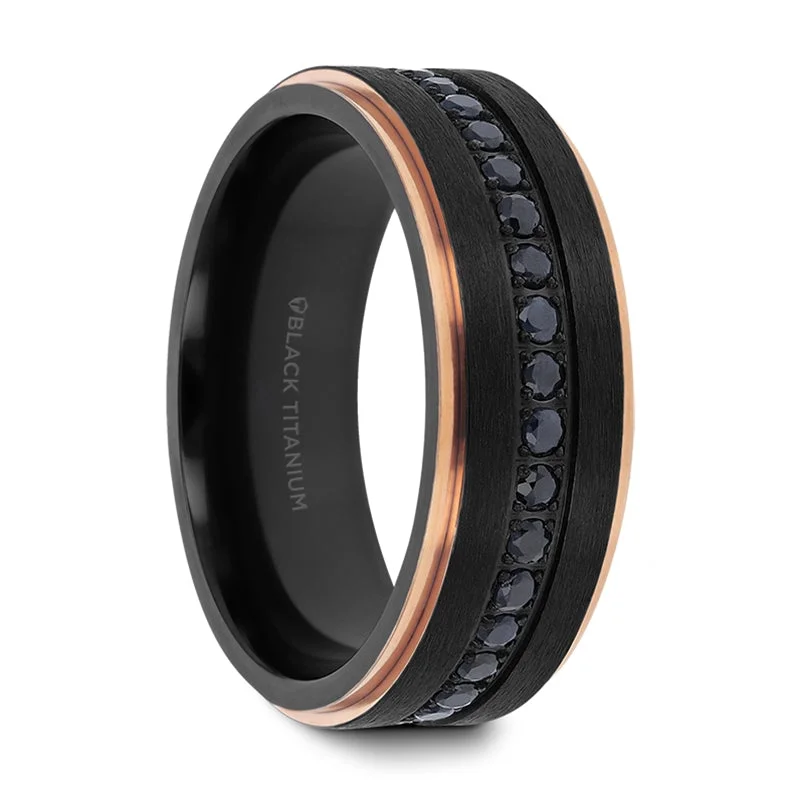 Rings With Fossil Accents-Black Titanium Men's Wedding Band with Rose Gold Edges & Black Sapphires