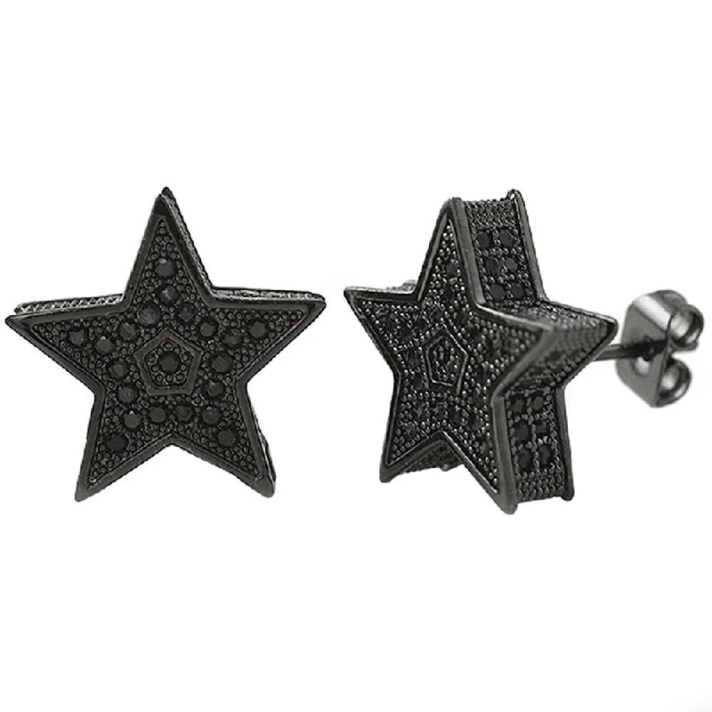 Renewed Earrings-3D Star Jumbo Black CZ Bling Bling Earrings