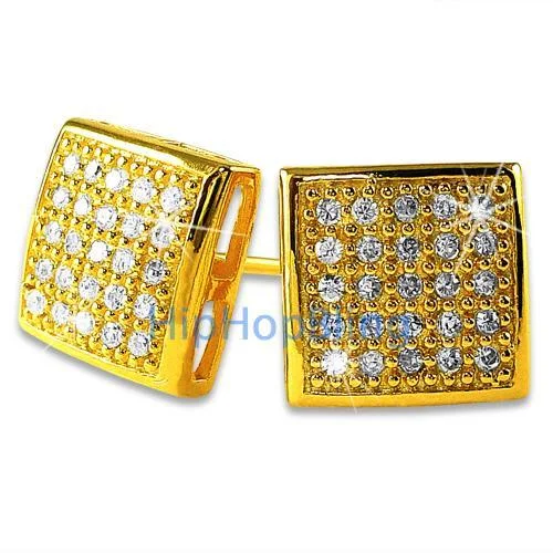 Earrings Flicker Rating-Puffed Box Medium Gold Vermeil CZ Micro Pave Earrings .925 Silver