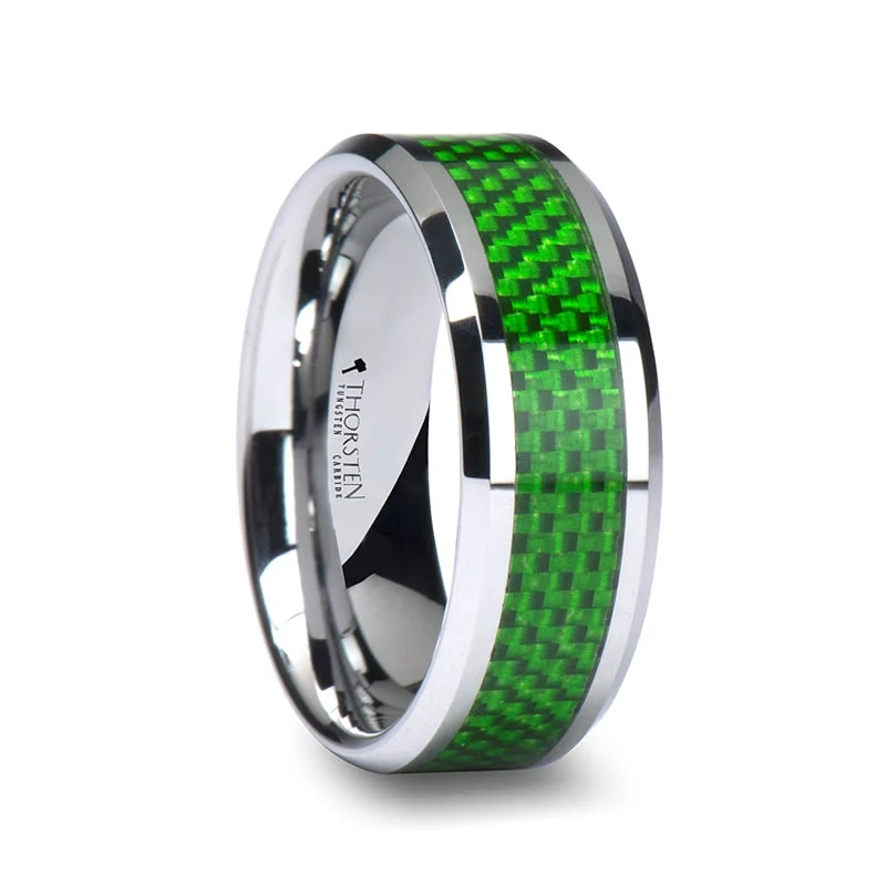 Rings For Twilight Hours-Tungsten Men's Wedding Band with Green Carbon Fiber Inlay