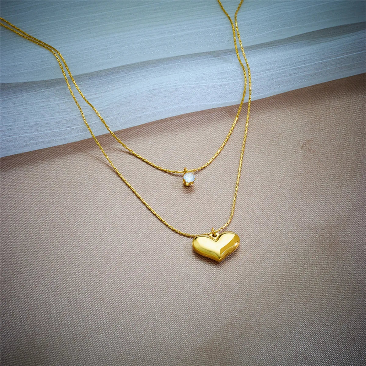 Necklaces For Folk Vibes-Basic Heart Shape Titanium Steel Gold Plated Rhinestones Layered Necklaces 1 Piece