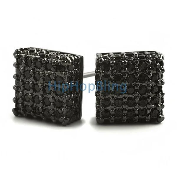 Earrings For Tight Groups-Large 3D Box Black CZ Iced Out Earrings